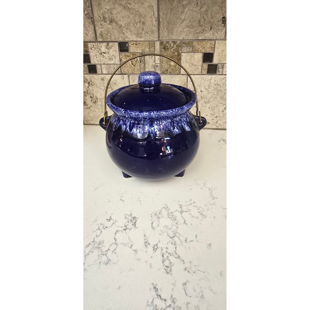 Vintage Cobalt Blue Drip Glaze Ceramic Bean Pot Cauldron Cookie Jar with Handle